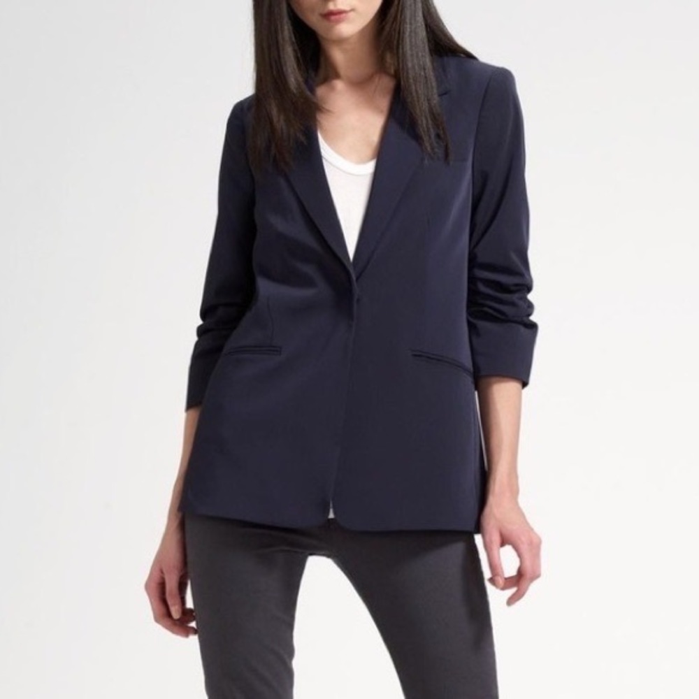 Elizabeth & James Navy Blue Ruched Sleeve Boyfriend Blazer